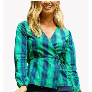 NWT Southern Tide Womens Green & Navy Plaid Wrap Long Sleeve Top XL